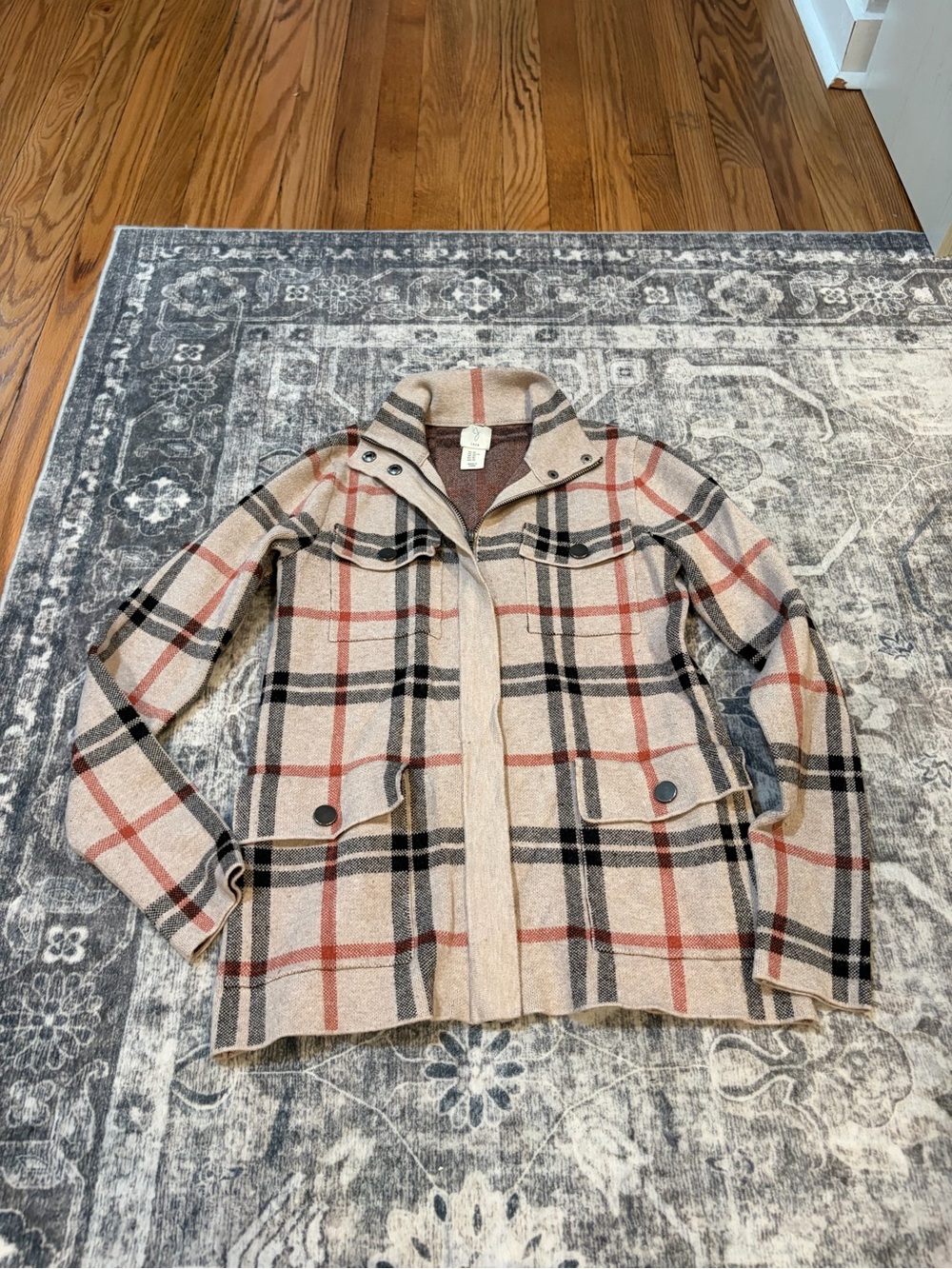 Joie Beige Plaid Utility sweater with Black and Rust Windowpane